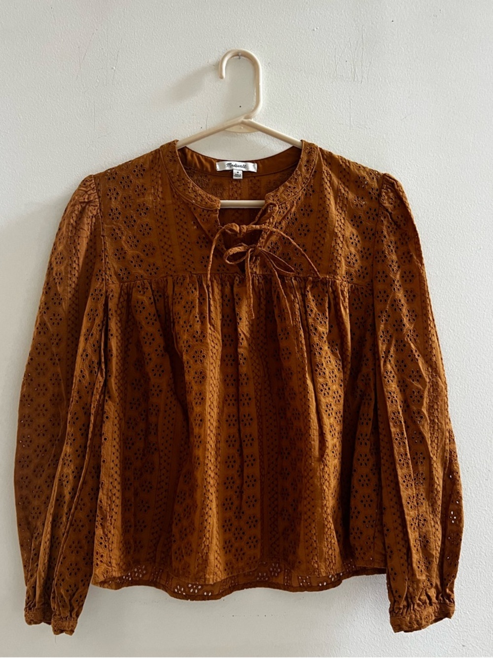 Madewell Eyelet Lace Tie-Neck Blouse | Rust Brown Boho Top Size M - Picture 3 of 6